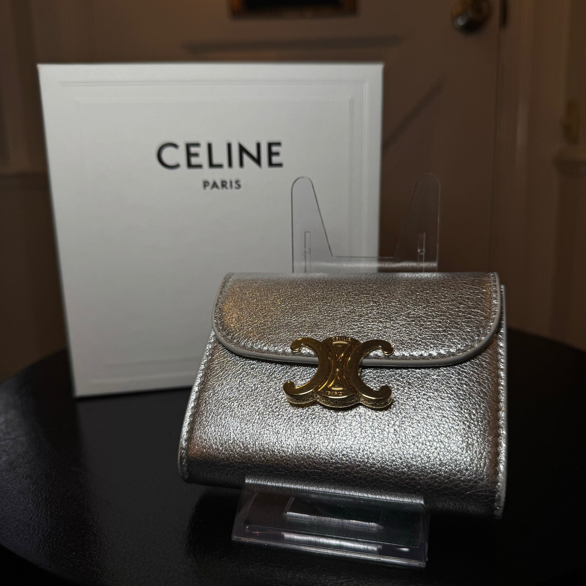 美品‼️CELINE ♡ Vintage ♡ mini Wallet CELINE Shiny Smooth Lambskin Small Triomphe Wallet Vintage