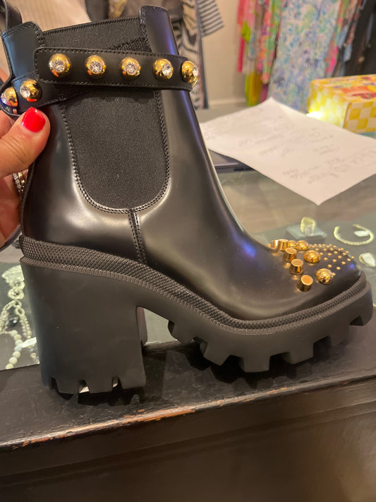 Gucci Black Leather Gold Studded Ankle Boots - Size 7.5 - Brand New In Box